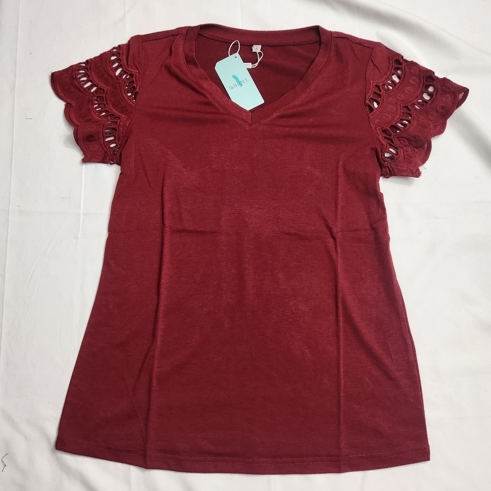3/$25 Ruby Red short sleeve tee shirt embroidered eyelet  NWT Wiholl size S
